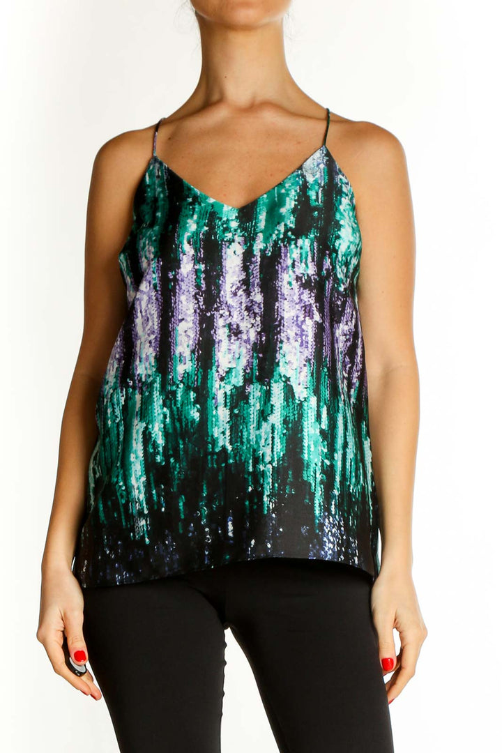 Black Graphic Print Sequin Party Top