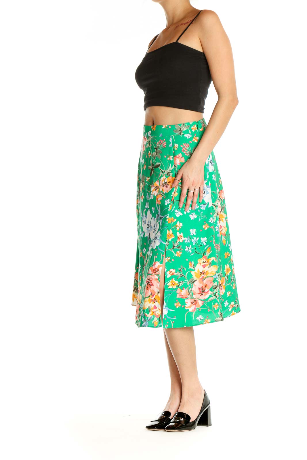 Green Floral Print Holiday Flared Skirt