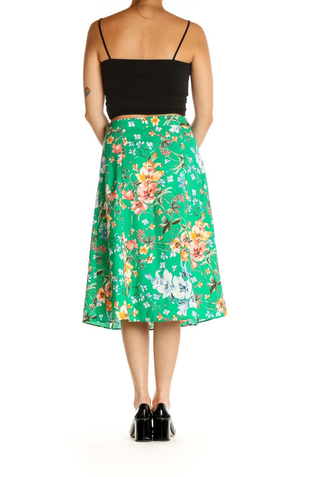 Green Floral Print Holiday Flared Skirt