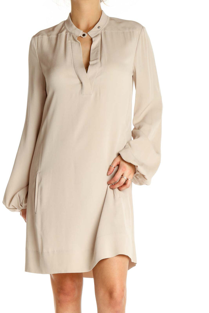 Beige Solid Day Sheath Dress