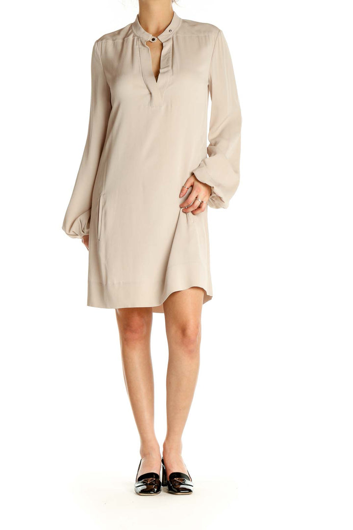 Beige Solid Day Sheath Dress