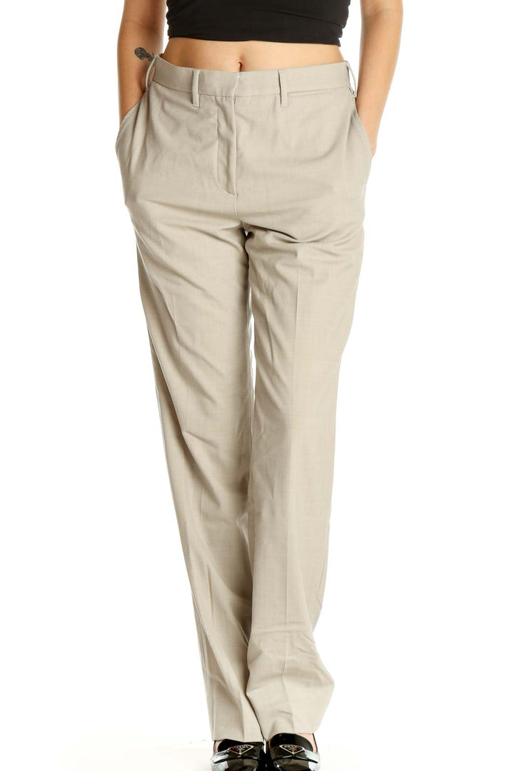 Beige Solid Classic Trousers