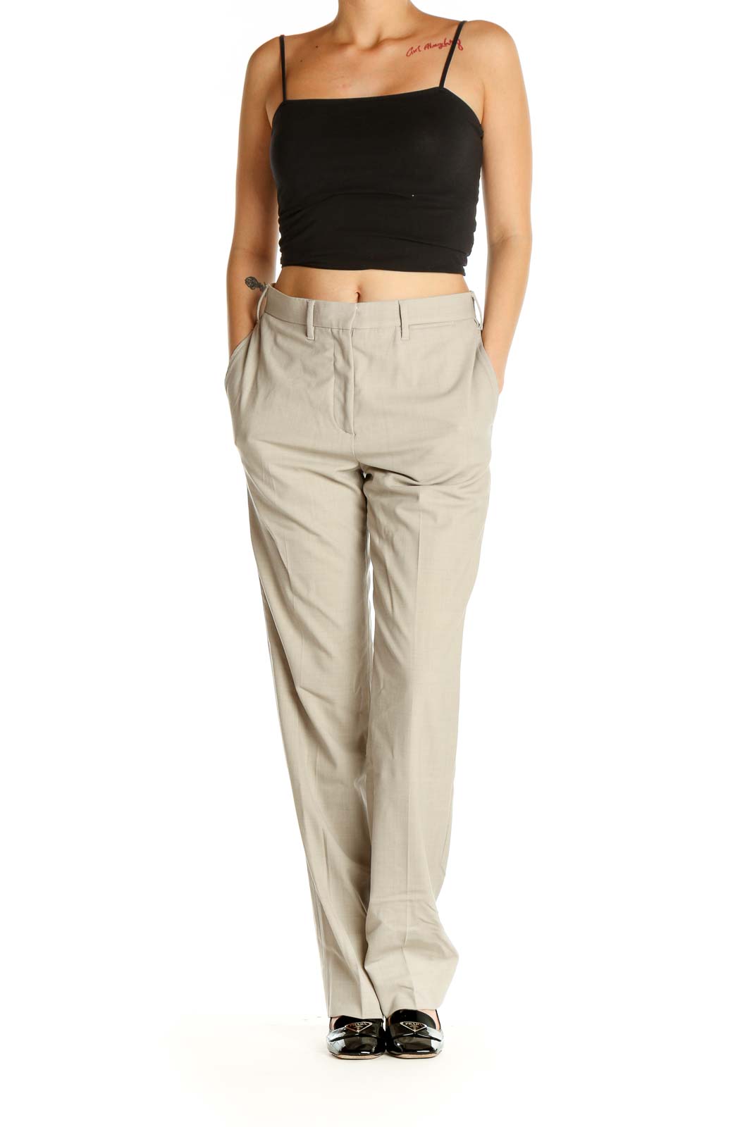 Beige Solid Classic Trousers