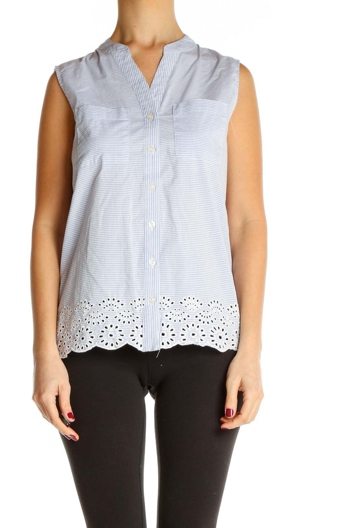 Blue Pinstripe Eyelet Trim Sleeveless Shirt