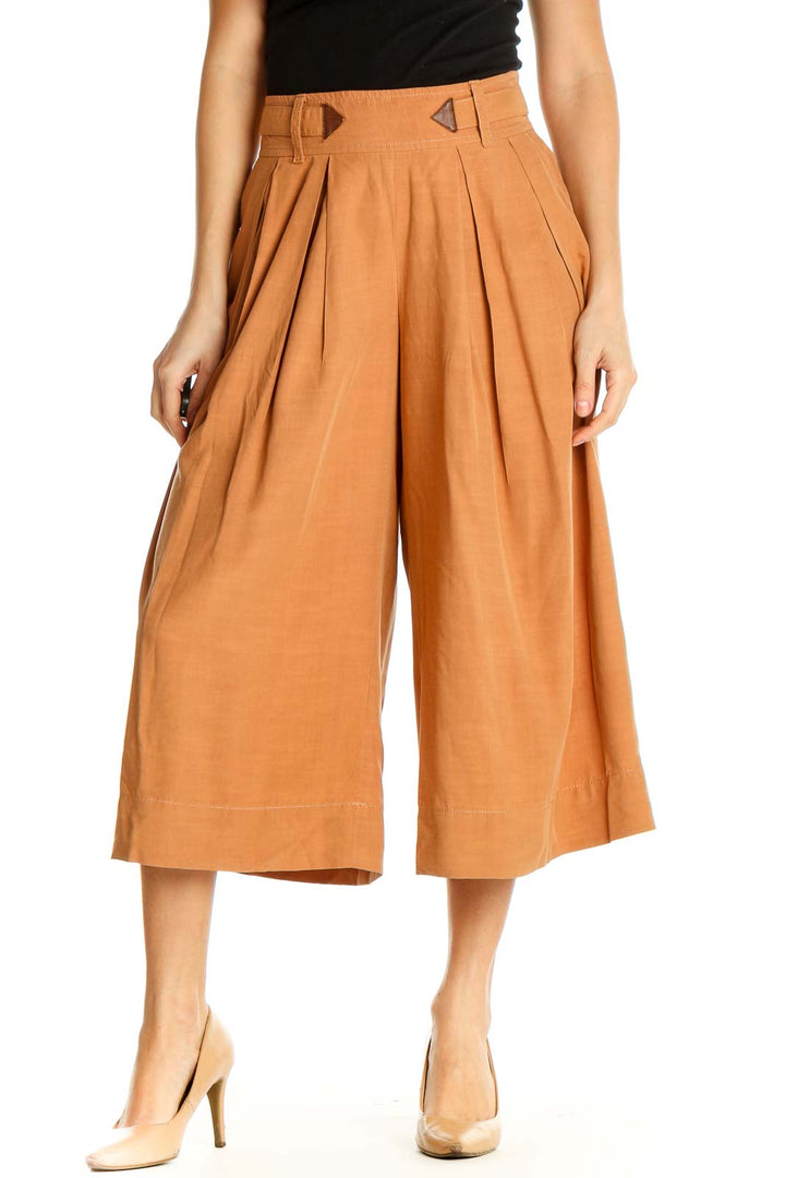 Orange Solid Casual Culottes Pants