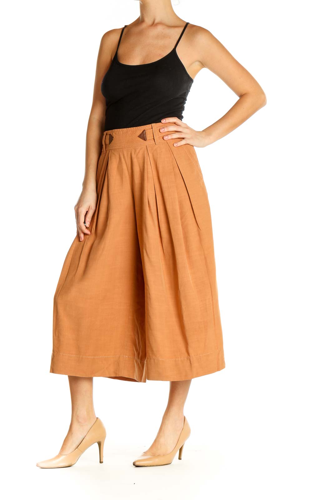 Orange Solid Casual Culottes Pants