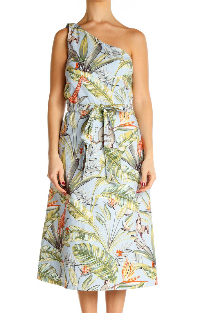 White Tropical Print Retro Fit & Flare Dress