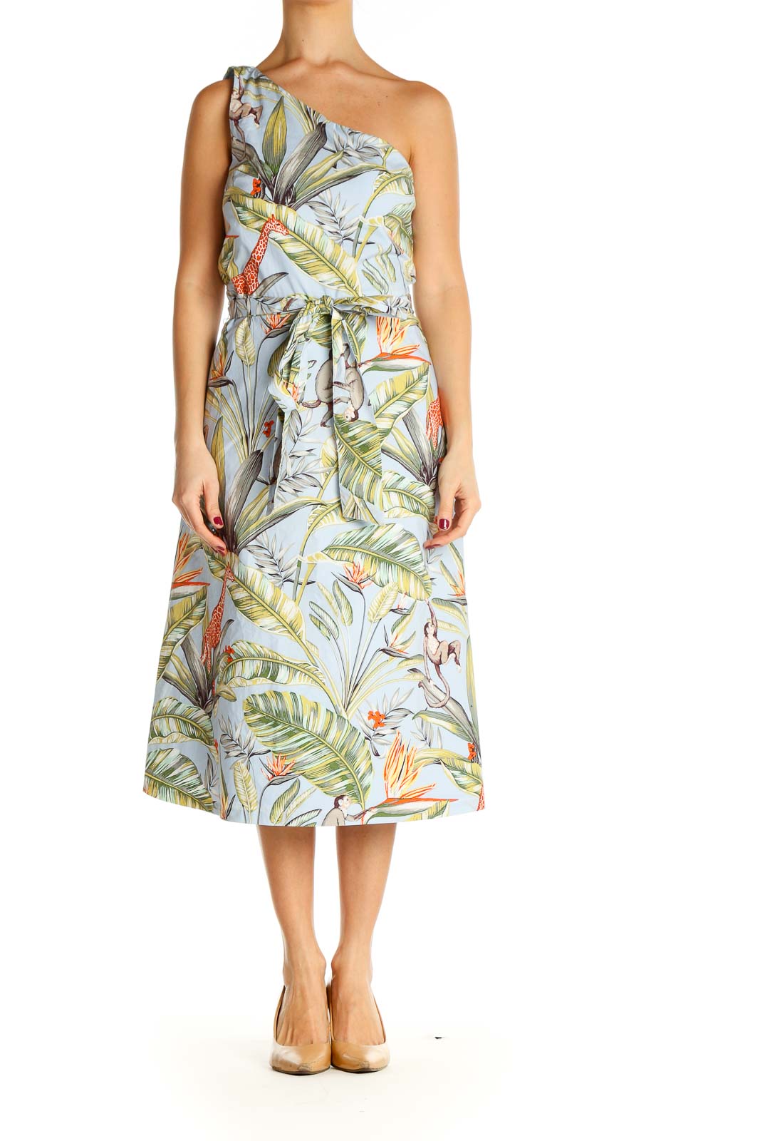 White Tropical Print Retro Fit & Flare Dress