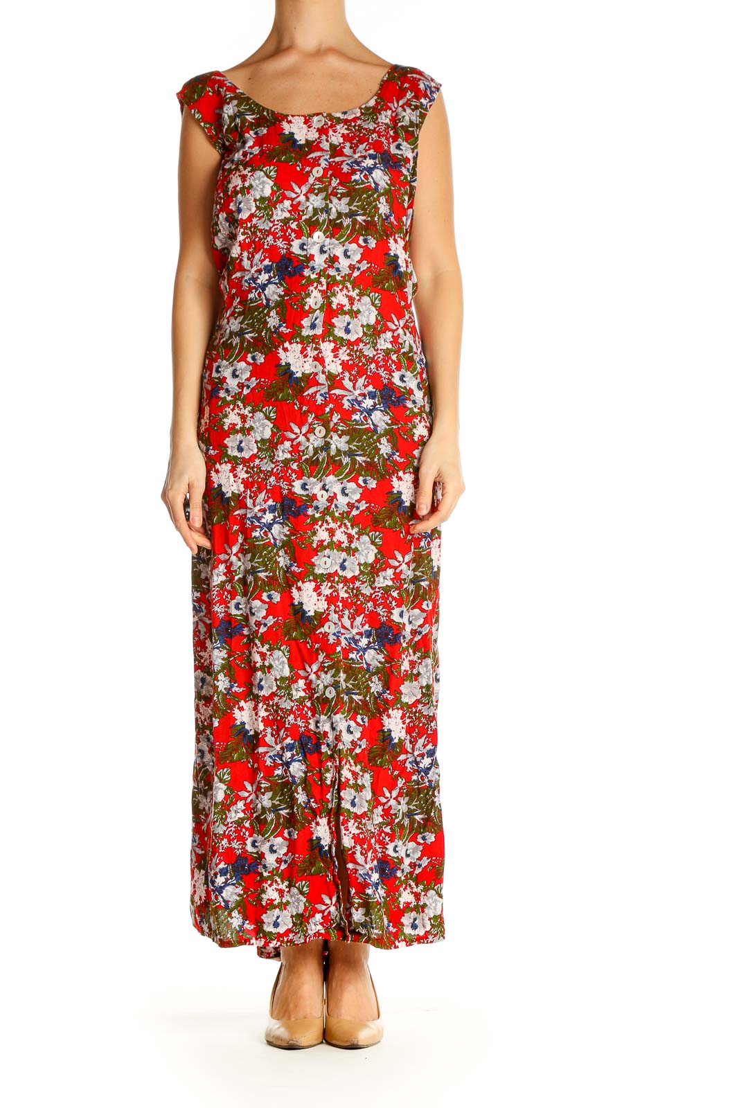 Red Floral Print Day Column Dress