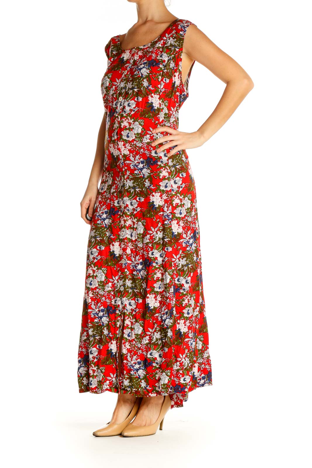 Red Floral Print Day Column Dress