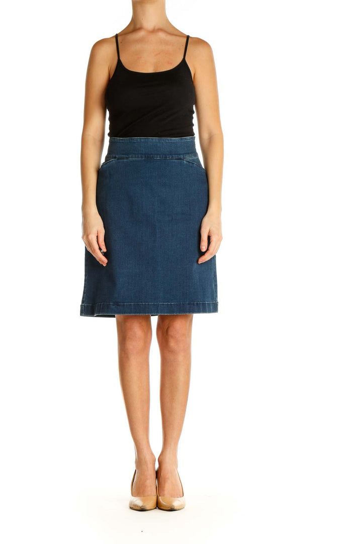 Blue Textured Classic A-Line Skirt