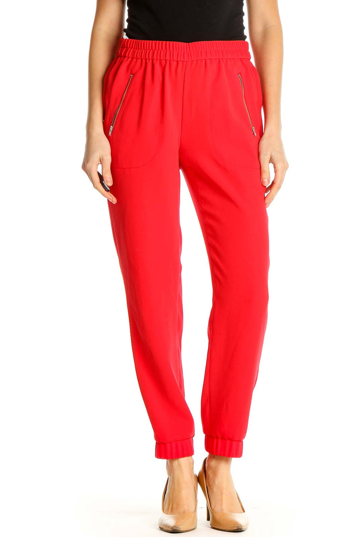 Red Solid Casual Trousers