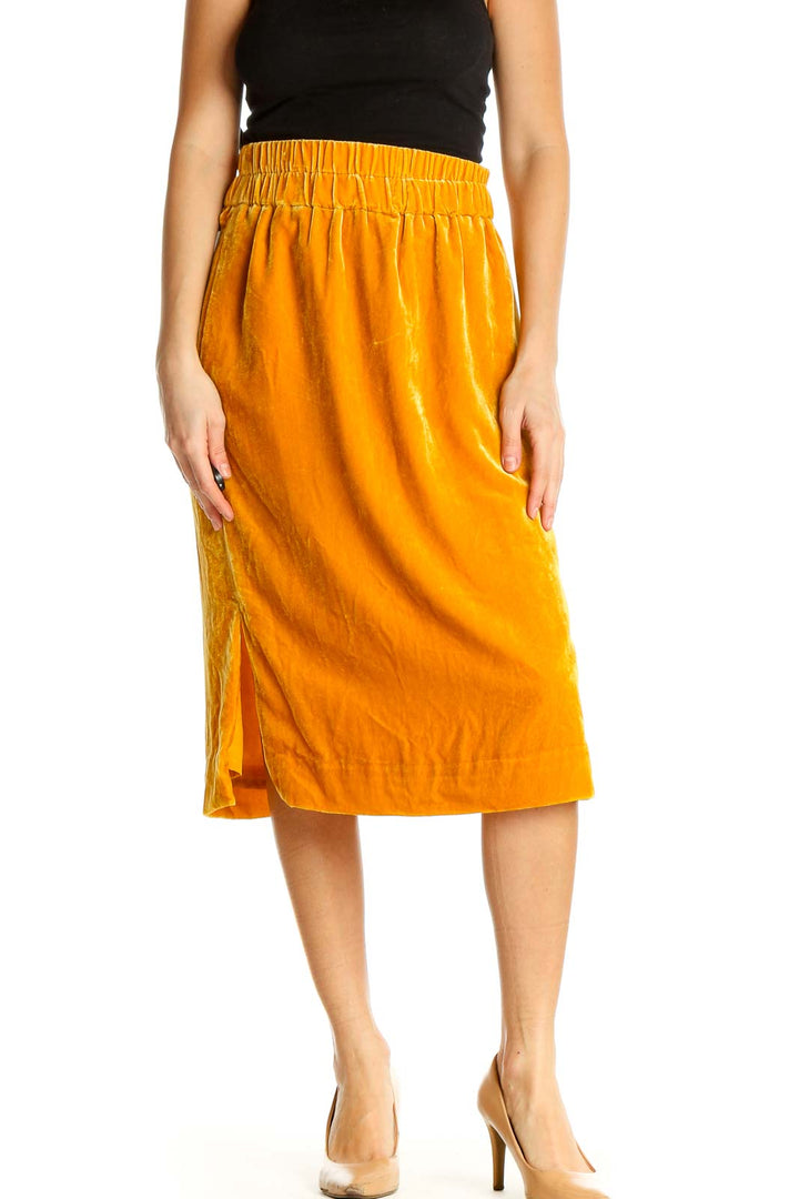 Orange Textured Casual Flared Skirt