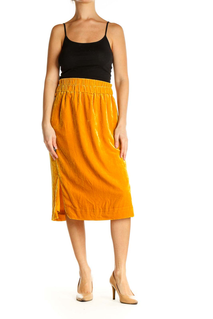 Orange Textured Casual Flared Skirt