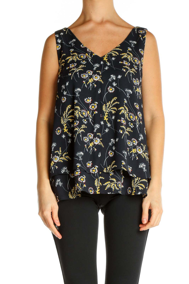 Black Floral Print Holiday Blouse