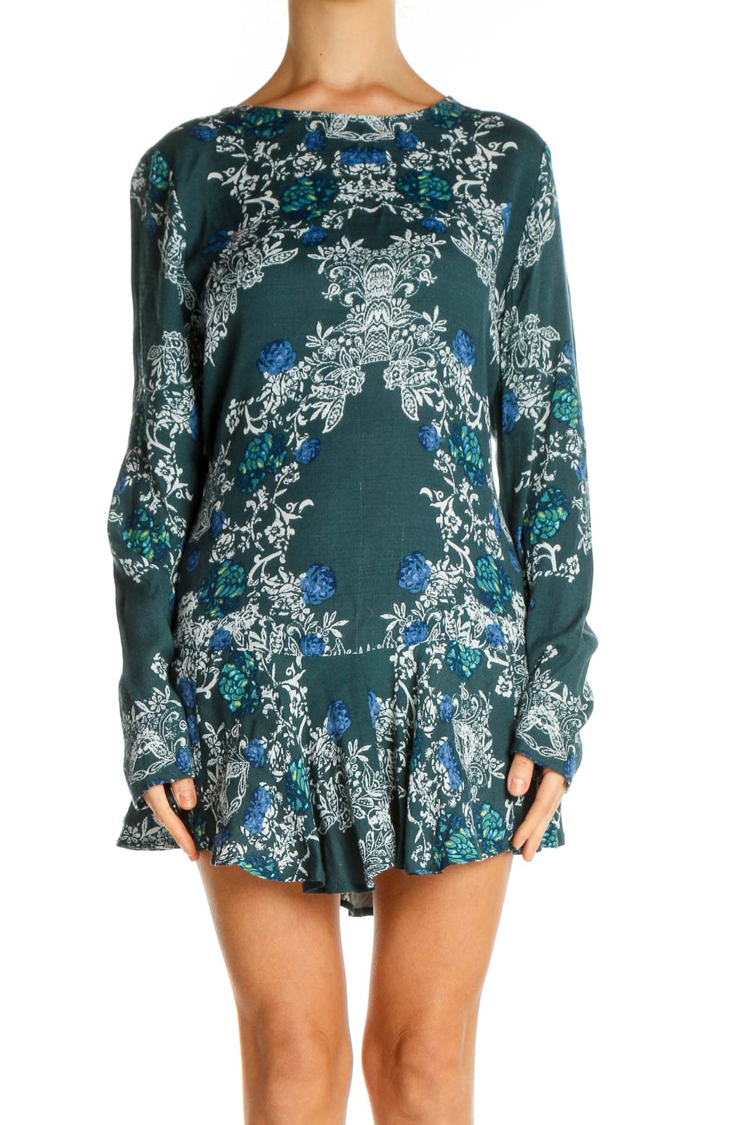 Front view of Free People green floral long sleeve mini dress