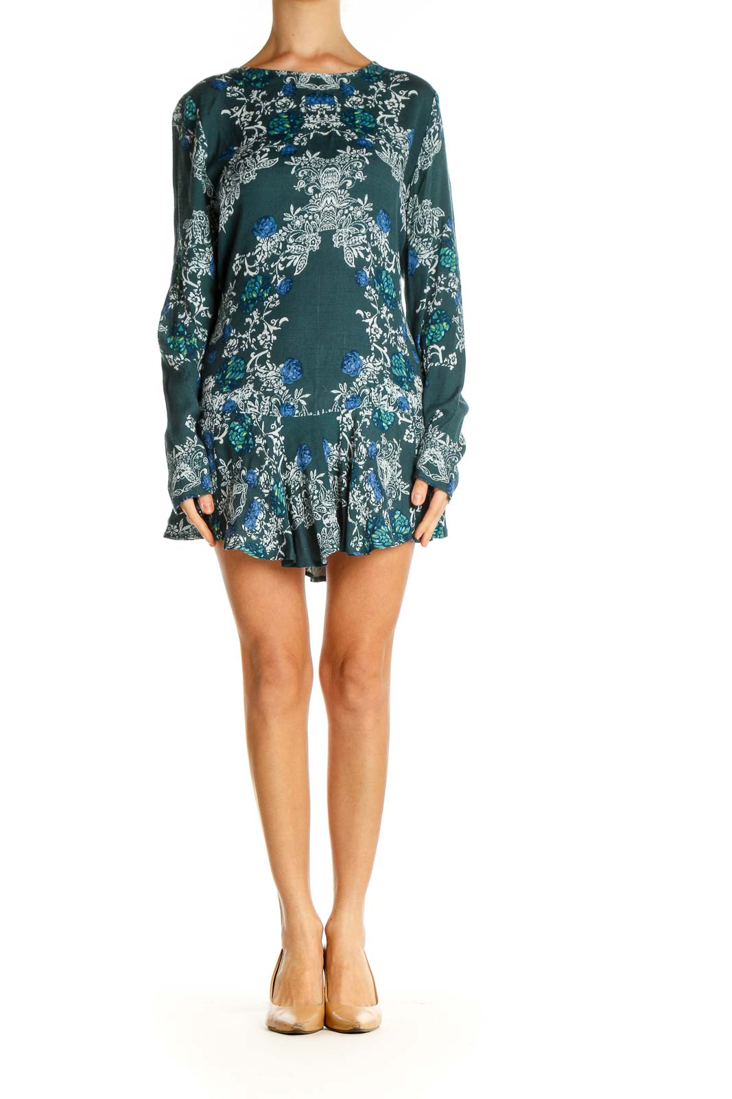 Front view of Free People green floral long sleeve mini dress