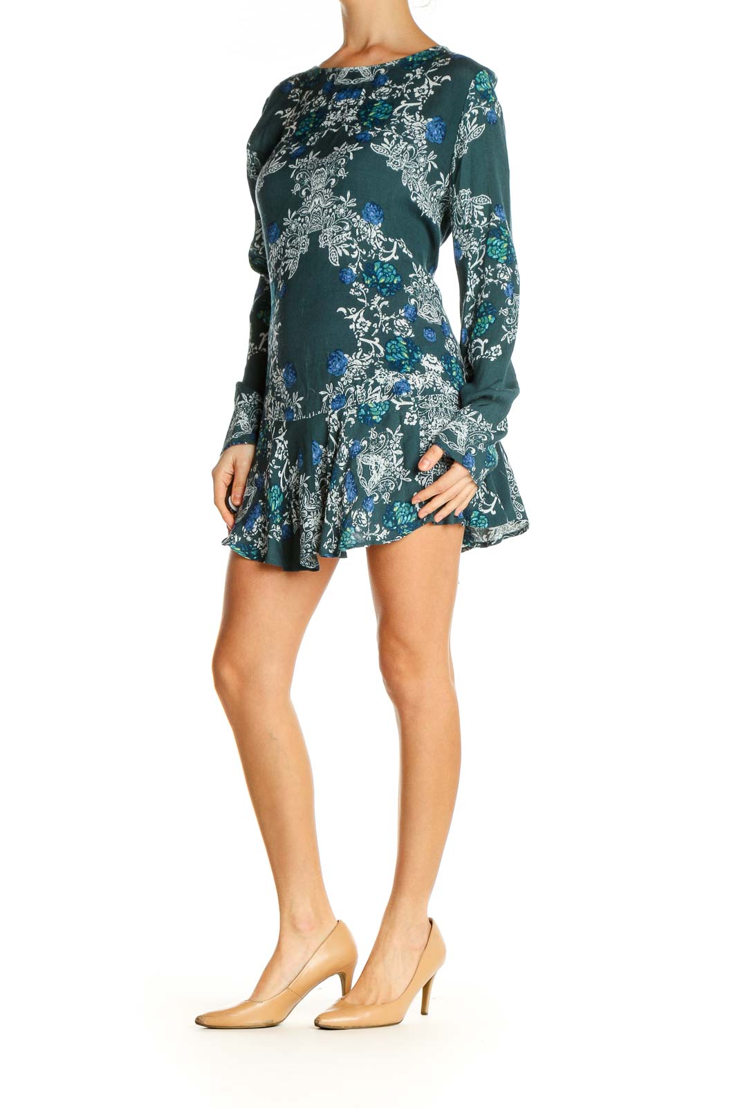 Front view of Free People green floral long sleeve mini dress