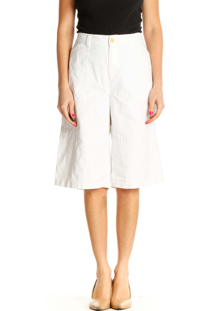 White Solid Casual Shorts