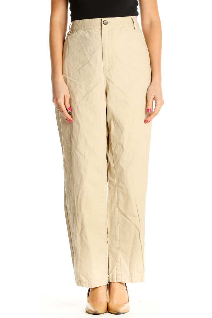 Beige Solid Casual Trousers