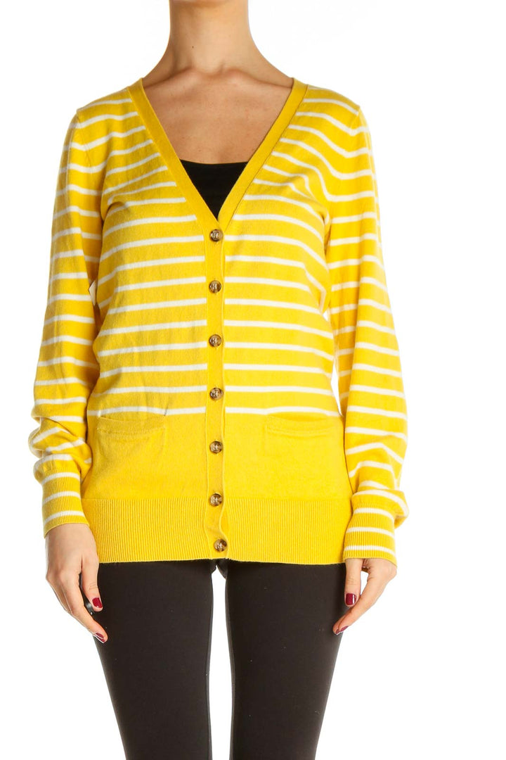 Yellow Striped Casual Cardigan