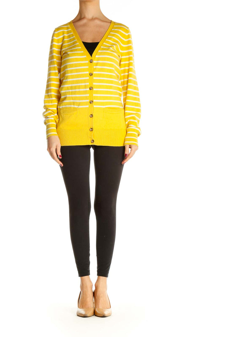 Yellow Striped Casual Cardigan