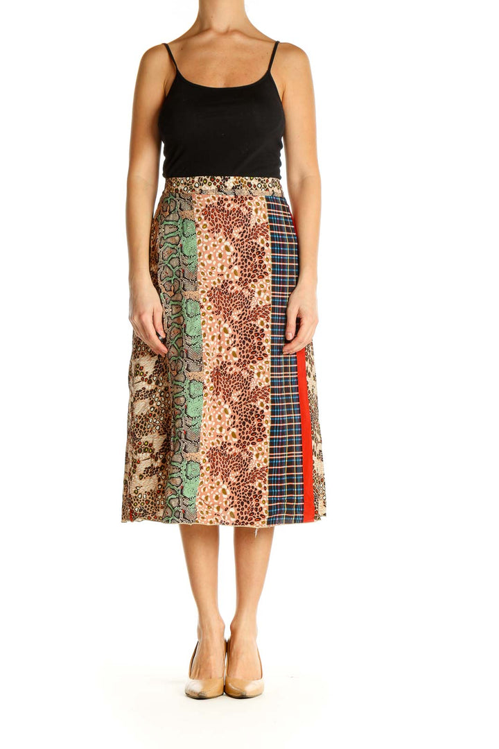 Beige Printed Holiday A-Line Skirt