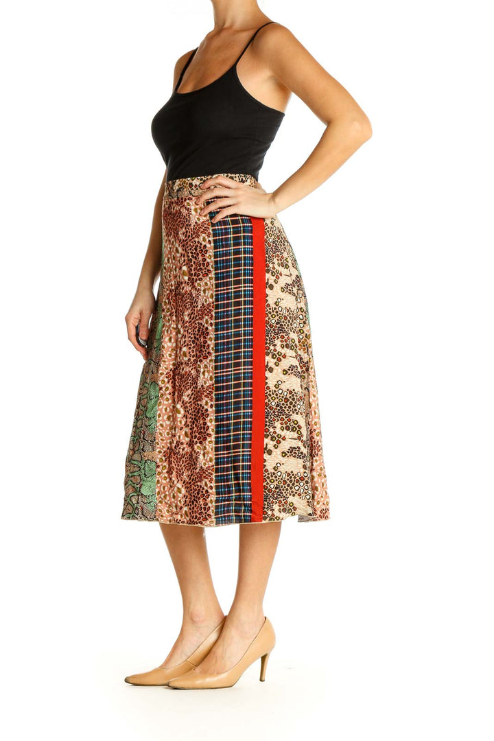 Beige Printed Holiday A-Line Skirt