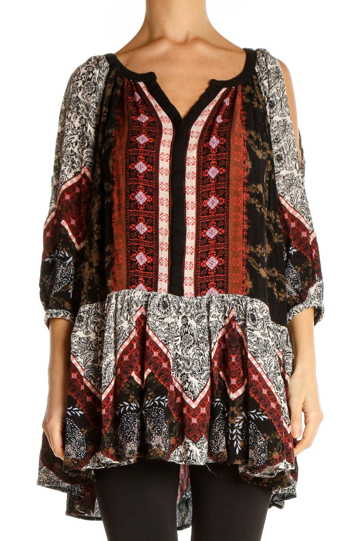 Front view of multicolor Free People boho patchwork tunic top