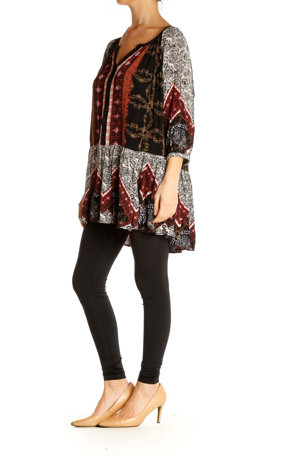 Front view of multicolor Free People boho patchwork tunic top