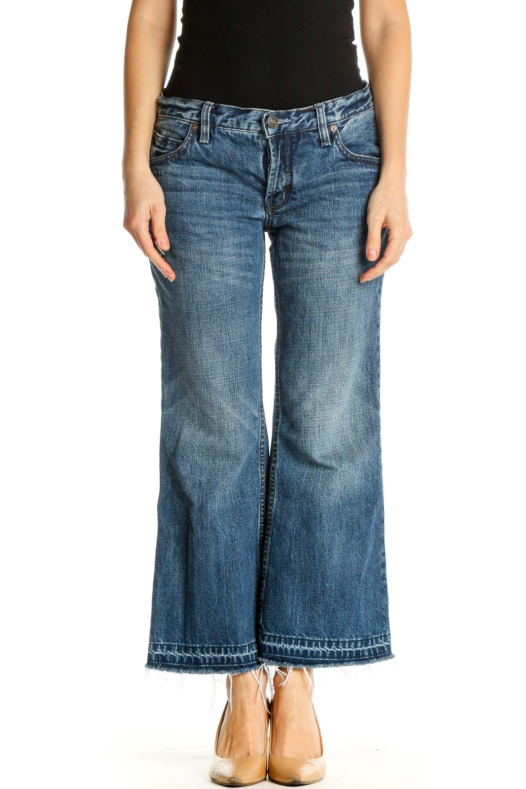 Front view of Free People blue wide-leg cropped denim jeans