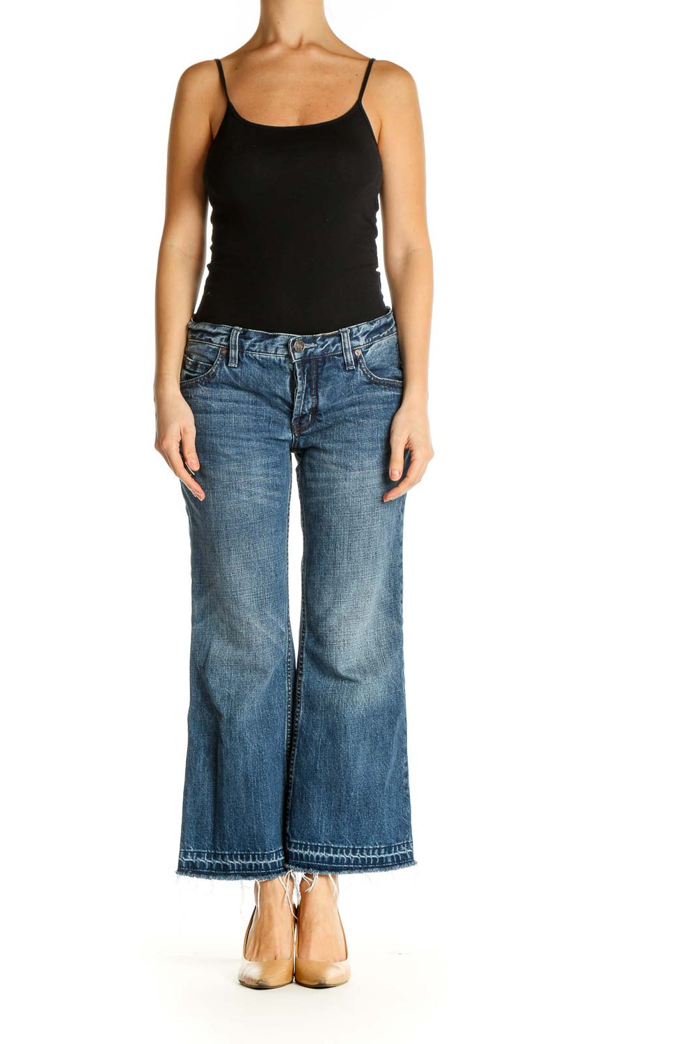 Front view of Free People blue wide-leg cropped denim jeans