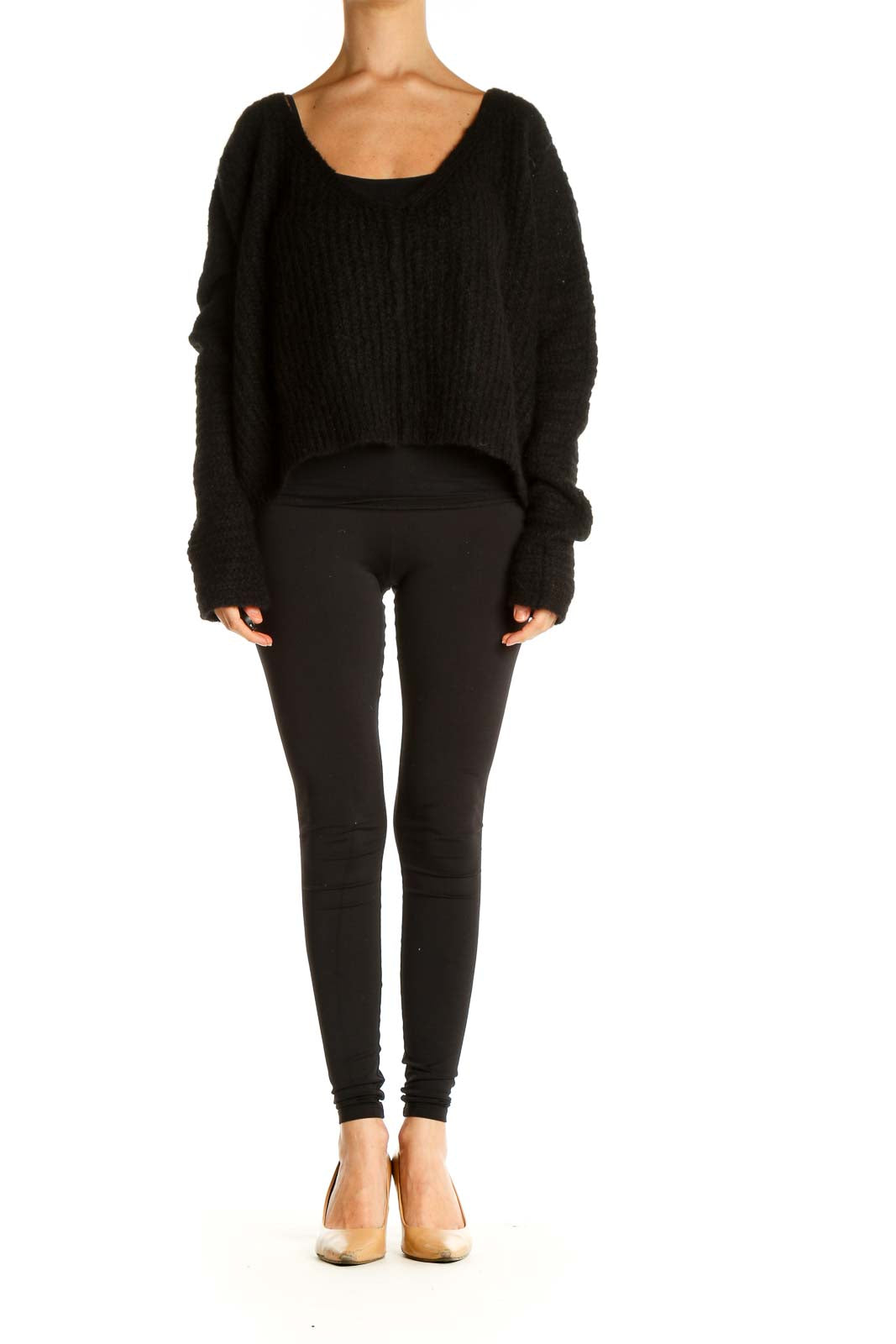 Front view of black cropped knit sweater from Free People