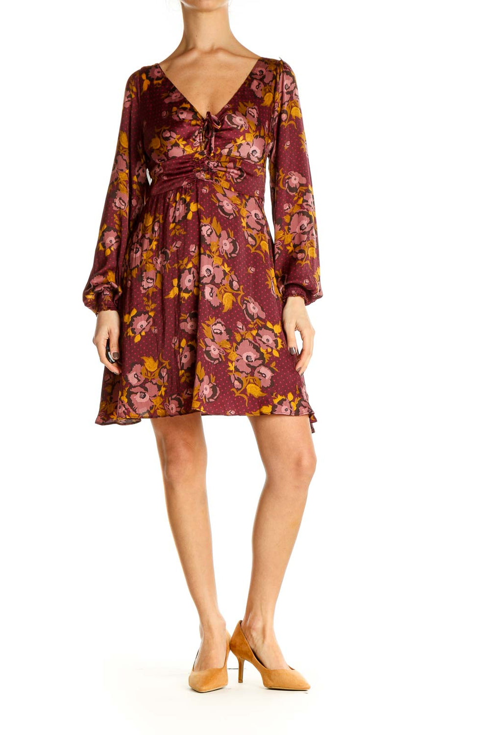 Front view of Free People burgundy floral V-neck empire waist dress with long balloon sleeves