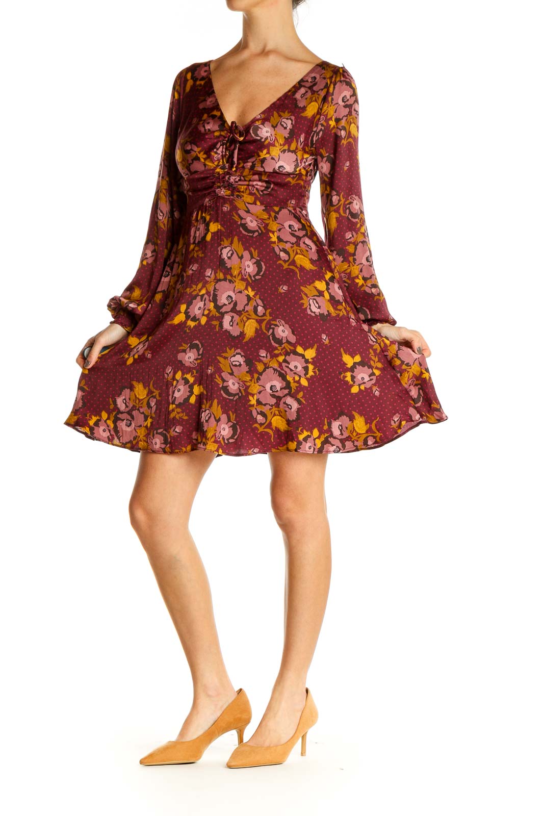 Front view of Free People burgundy floral V-neck empire waist dress with long balloon sleeves