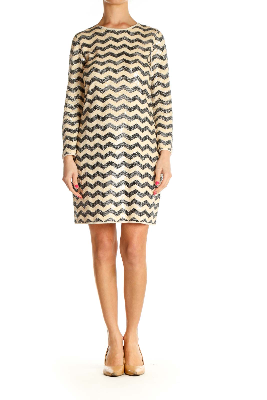 Beige Chevron Day Sheath Dress