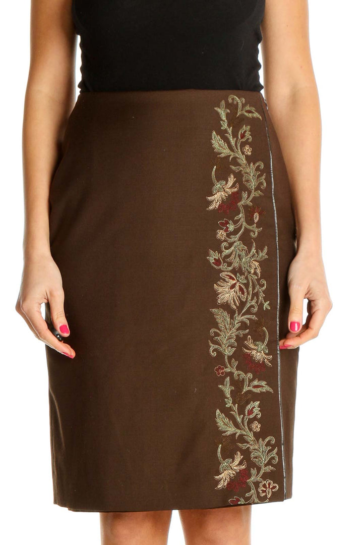 Brown Textured Party Pencil Skirt