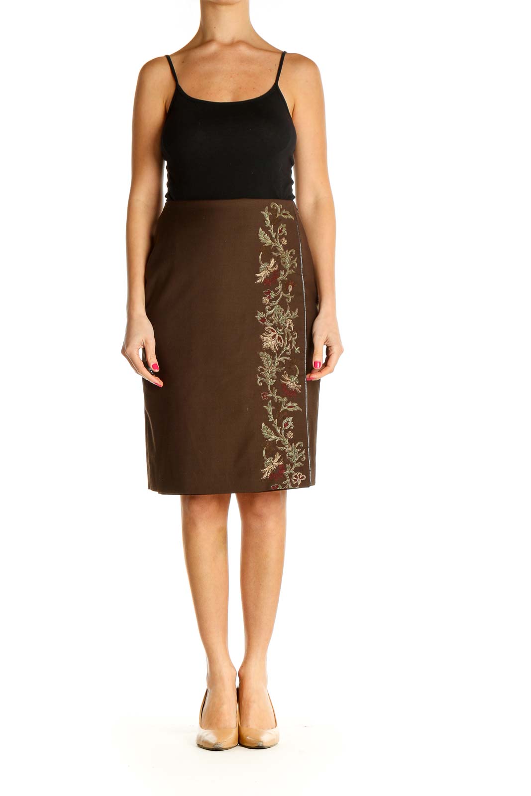 Brown Textured Party Pencil Skirt