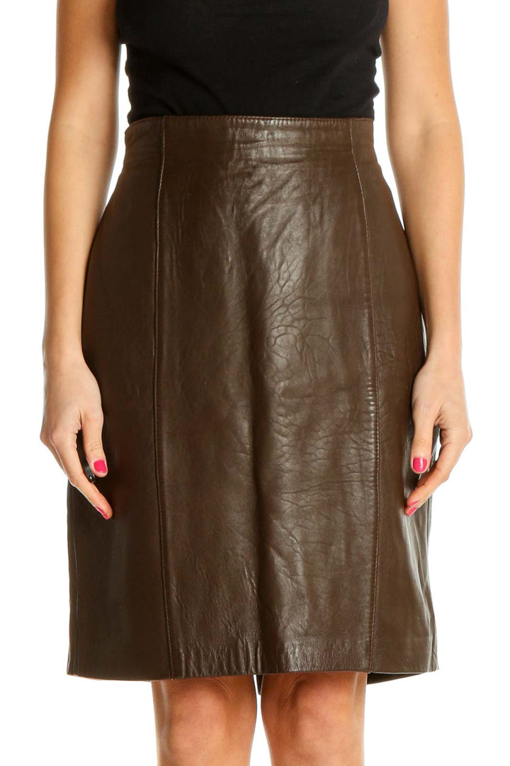 Brown Textured Party Pencil Skirt