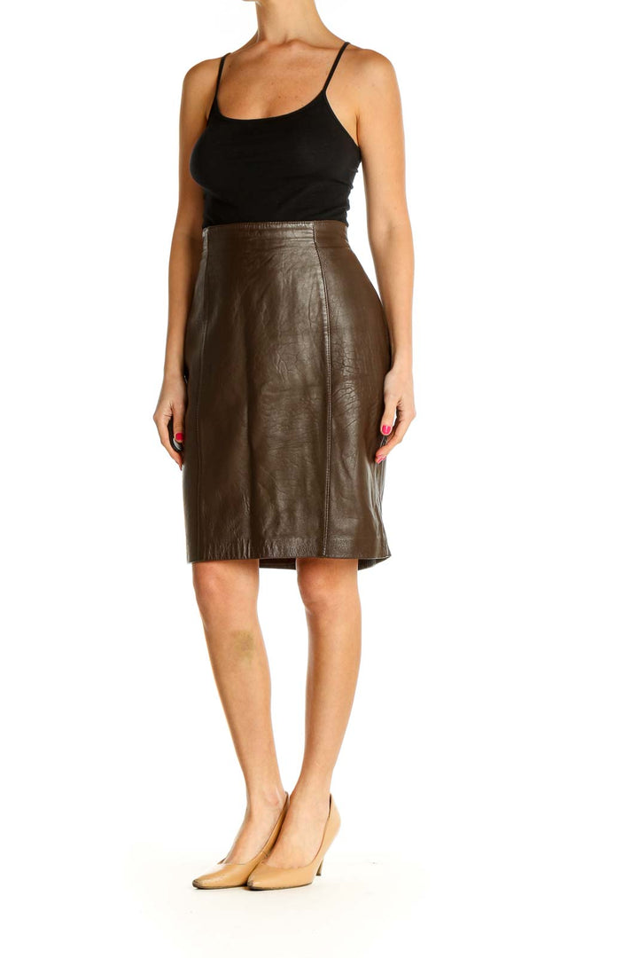 Brown Textured Party Pencil Skirt