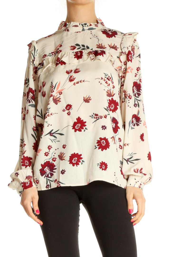 Beige Floral Print Brunch Blouse