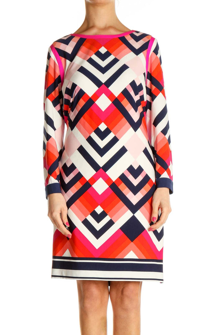 Red Geometric Print Day Shift Dress