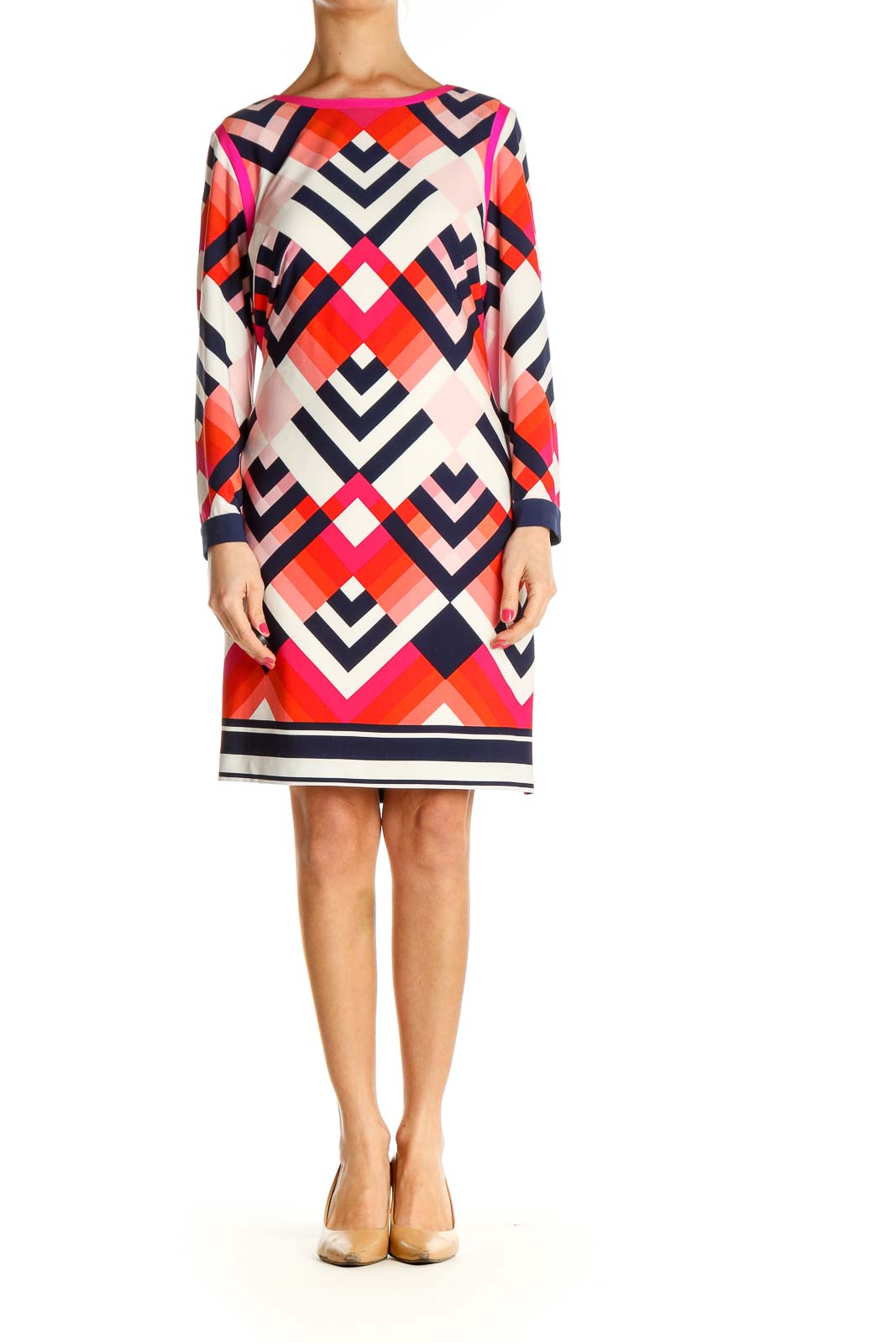 Red Geometric Print Day Shift Dress