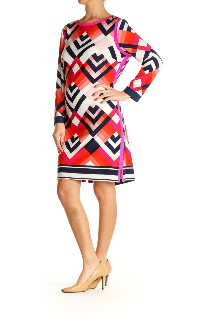 Red Geometric Print Day Shift Dress