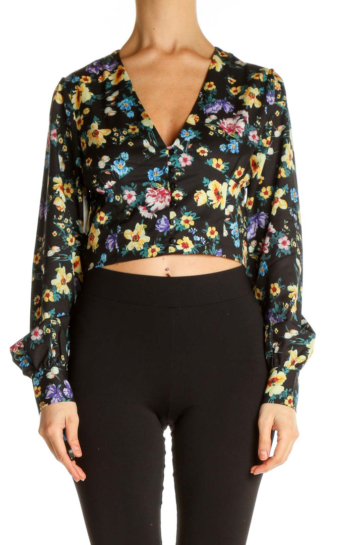 Black Floral Print Retro Blouse