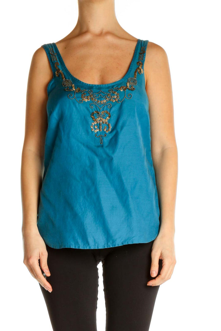 Blue Solid Bohemian Tank Top