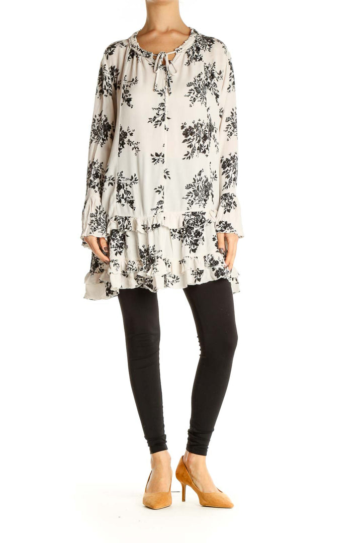 Beige Floral Print Shift Dress