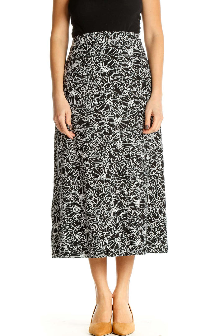 Black Floral Print Brunch A-Line Skirt