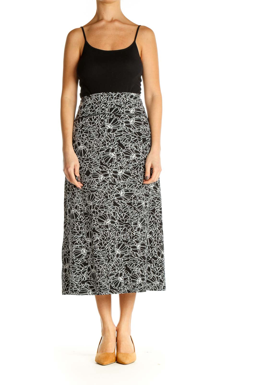 Black Floral Print Brunch A-Line Skirt