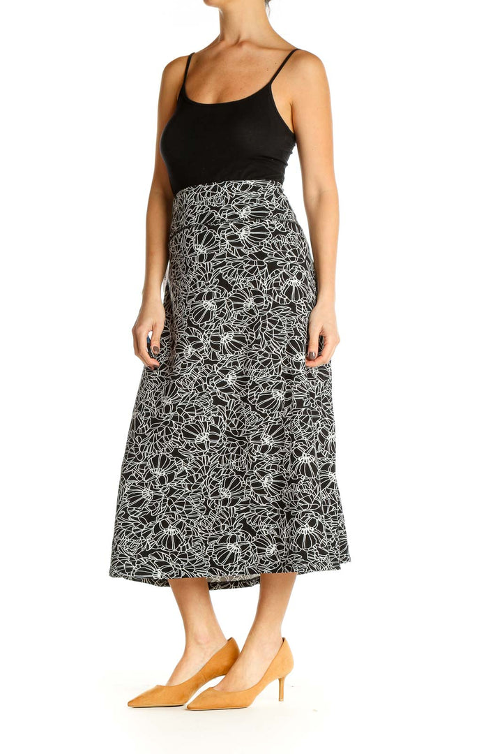 Black Floral Print Brunch A-Line Skirt